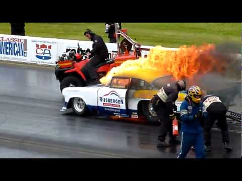 Santa Pod Main event 2011. Engine explosion and car fire