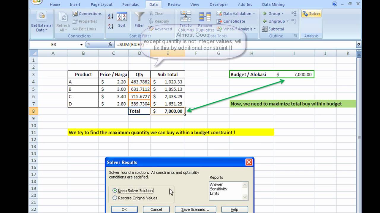 Microsoft Excel 2007 #1 : Using Solver