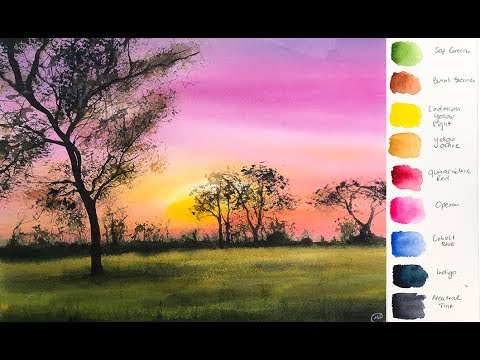 Pink Sunset Landscape in Watercolor Painting Tutorial