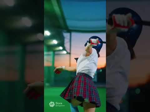 日本の女子高生がバッティングセンターで野球を打ち