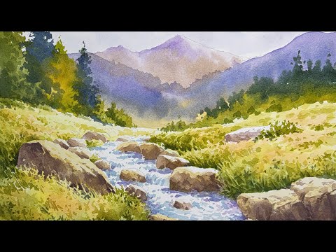 Peaceful Mountain Stream – Watercolor Landscape Painting
