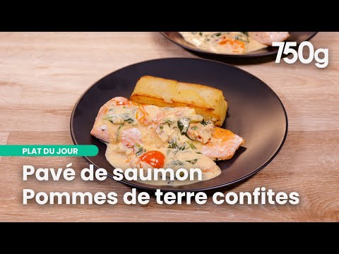 Salmon steak with creamy cherry tomato sauce and confit potatoes