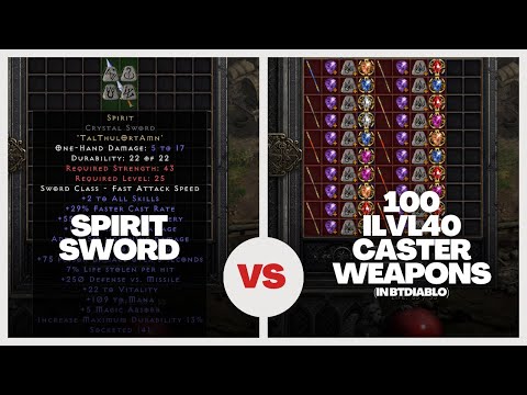 Five caster weapon crafts rolling on par with a spirit sword in BTDiablo a Diablo 2 Resurrected mod