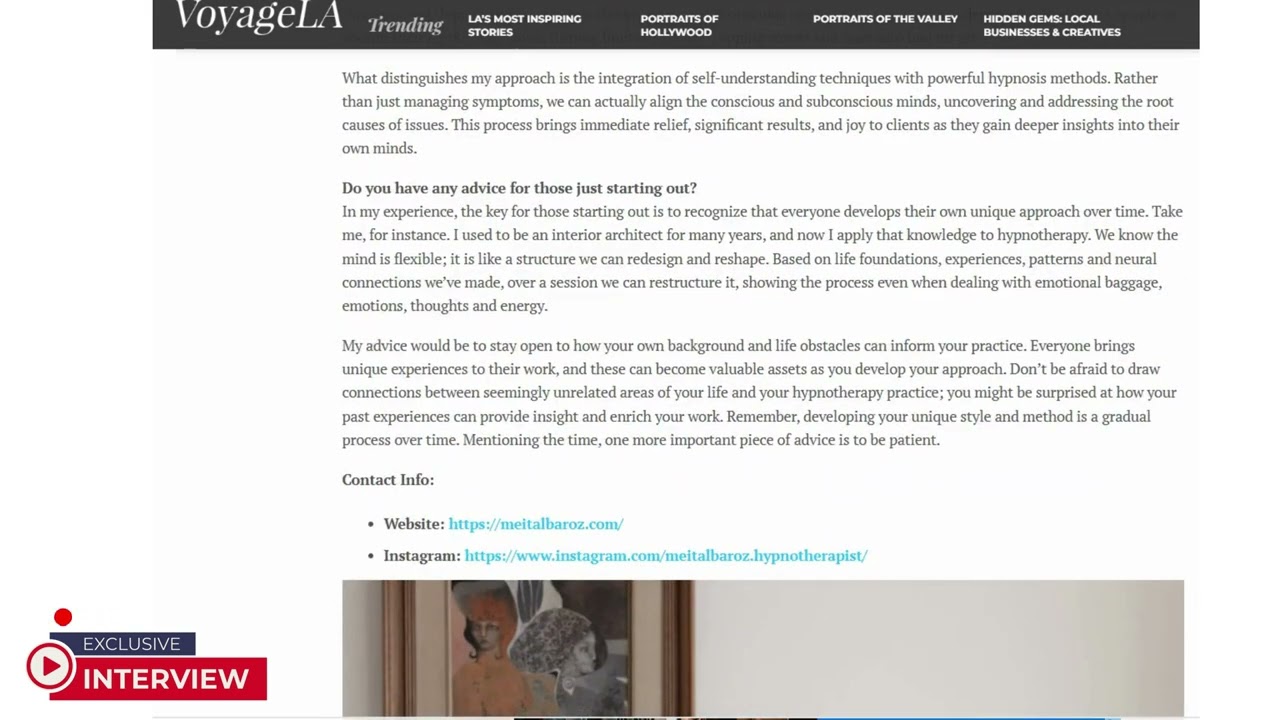 Voyage Magazine Interview: Meital Baroz, C.Ht - Certified Hypnotherapist