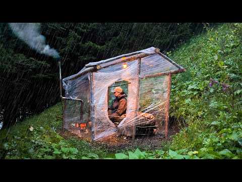 Build a Transparent Bushcraft Shelter using Plastic Wrap | Solo Rain Camping