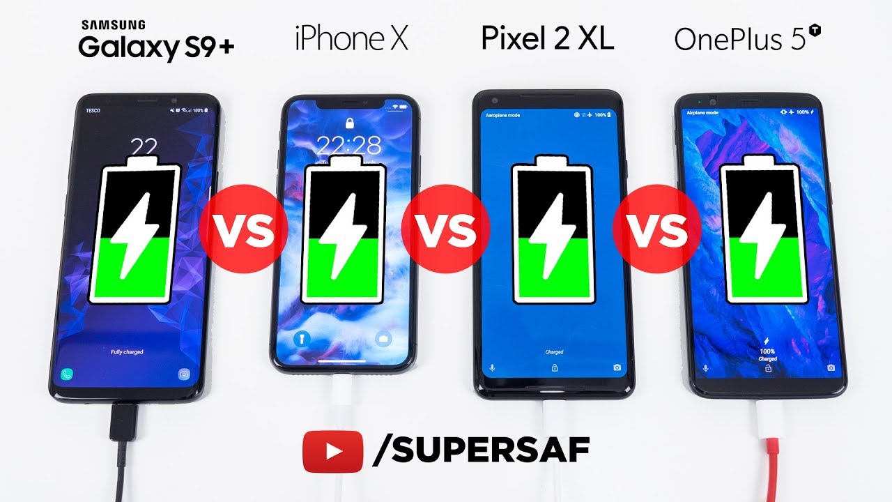 Samsung S9 Plus vs iPhone X vs Pixel 2 XL vs OnePlus 5T - Battery Charging SPEED Test