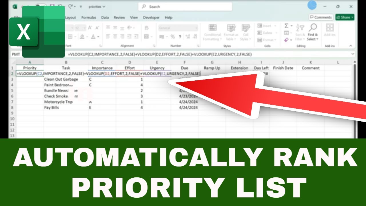 How to Auto Sort Priority List of Tasks in Excel (Rank Priorities with Easy Formula)