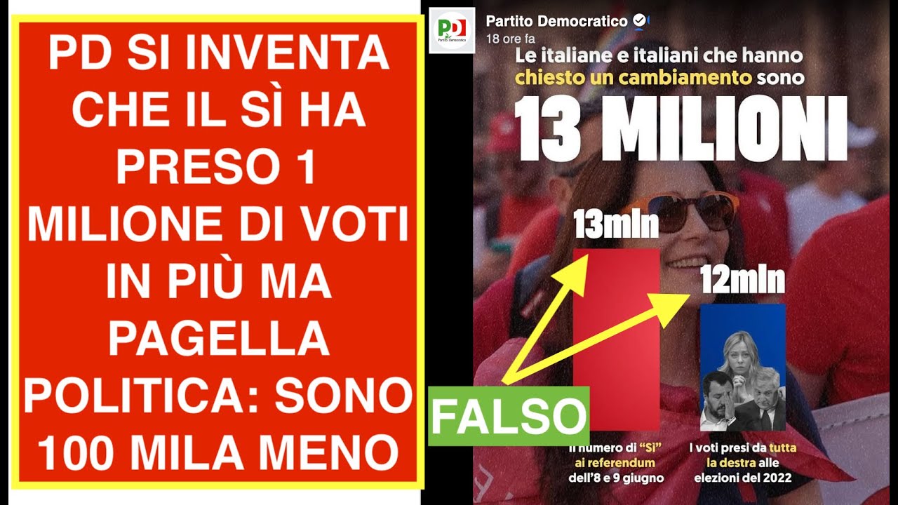 PD SI INVENTA CHE IL SÌ HA PRESO 1 MILIONE DI VOTI IN PIÙ MA PAGELLA POLITICA: SONO 100 MILA MENO