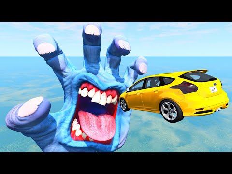 High-Speed Cars Jump Into Screaming Hand - BeamNG.Drive