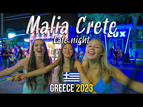 Malia Crete, late night walking tour 4k, Kreta, Greece 2023