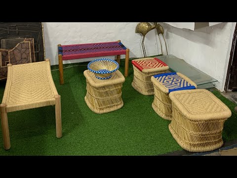 Solid wood hand weaved charpai/small bench/cot with two natu...