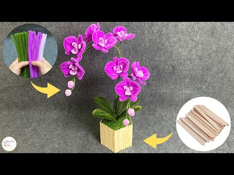 🪻Pipe Cleaner Flower🪻 How to make Phalaenopsis Orchids Pot with Pipe Cleaner vs Popsicle Stick