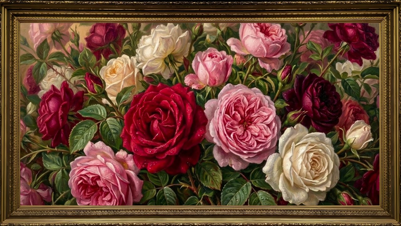 Rose Garden Close-Up + Music - Romantic Floral Gold Frame TV Art | 4K — 4K ambient art screensaver in baroque gold frame