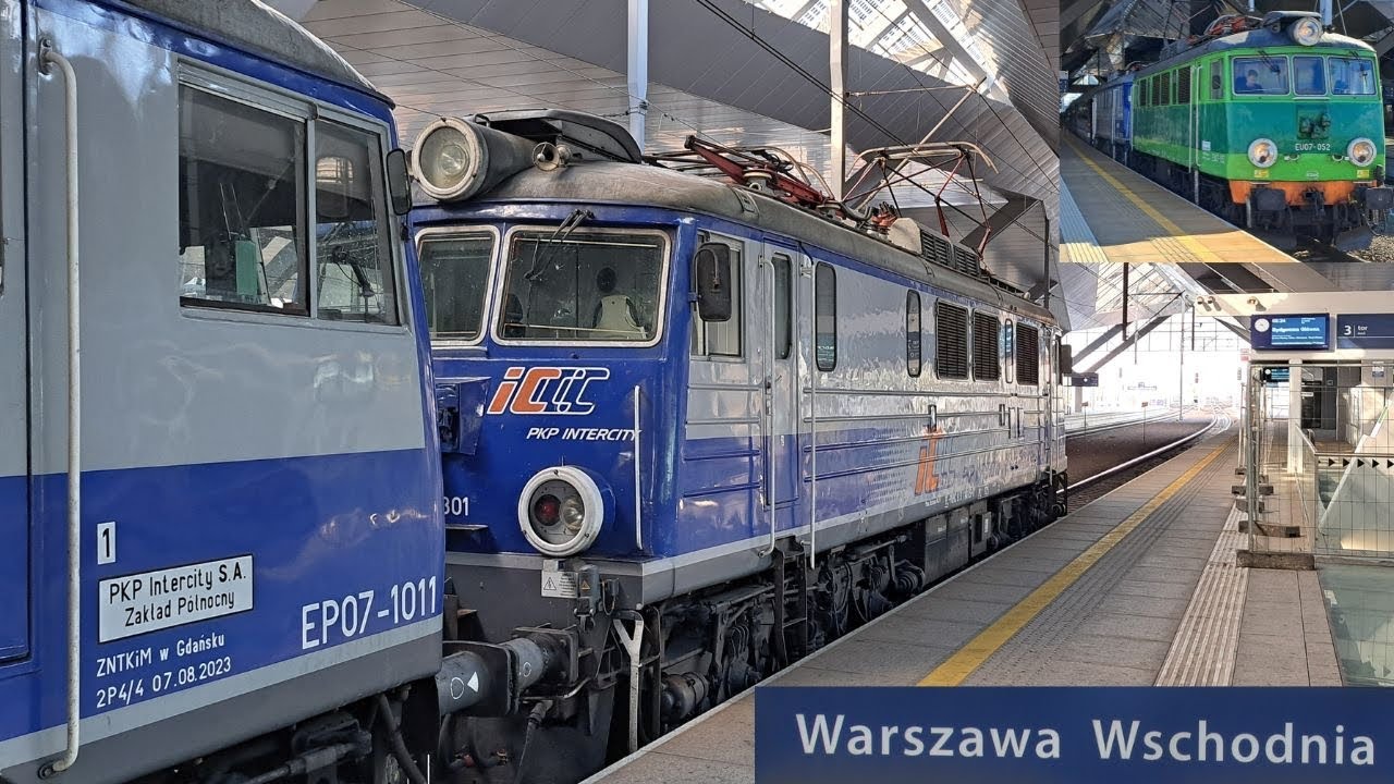 Poland: Vintage PKP Class EP07 & EU07 electric locomotives at Warszawa Zachodnia on InterCity trains