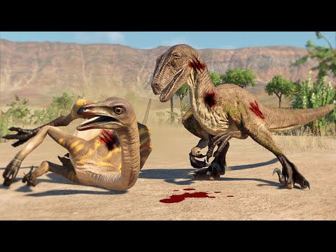 RAPTORS PACK HUNTING MINMI & STRUTHIOMIMUS IN DESERT - Jurassic World Evolution 2
