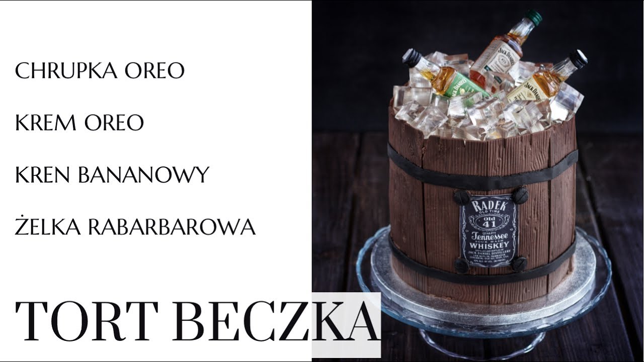 Tort beczka. Jak zrobić ciemny ganache do tynkowania. Krem oreo. Krem bananowy. Mus truskawkowy