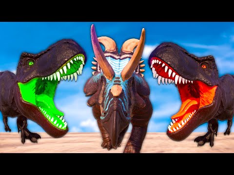T-REX COLOR PACK vs NASUTOCERATOPS vs ALBERTACERATOPS - Jurassic World Evolution Dinosaurs Fighting