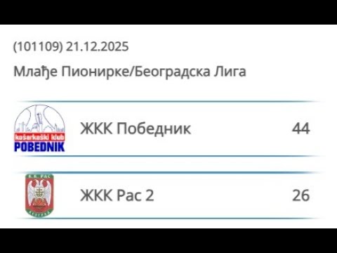 ŽKK Pobednik - ŽKK Ras(2) 44-26 (mlađe pionirke) 21.12.2025.