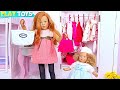 Dolls family Morning Routine with Dress up in Pink Bedroom! Play Toys