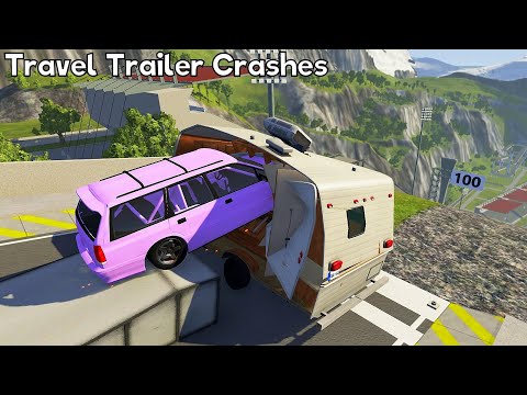High Speed Jumps Through Travel Trailer (Crashes) - BeamNG drive Cars Vs Travel Trailer