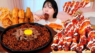 Download lagu ASMR MUKBANG| Black bean Noodles, Seasoned Chicken, Shrimp fried dumplings, kimchi mp3