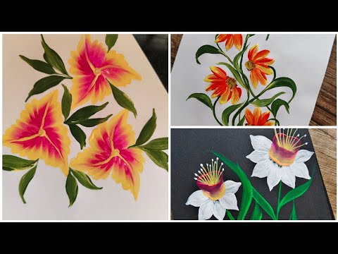 3 different types of flowers painting 🖌️🎨 #painting #flowerart #onestrokepainting