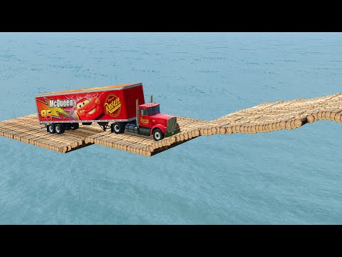 Mack Truck vs Impossible Log Wave Bridge Crossing Cars Vs Deep Water - BeamNG.Drive