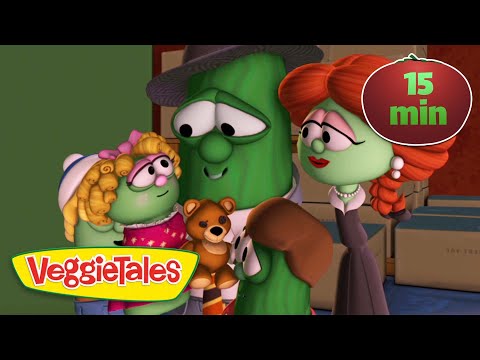 VeggieTales thumbnail: green vegetable characters with a teddy bear, logo bottom left, and a 15 min badge top right.