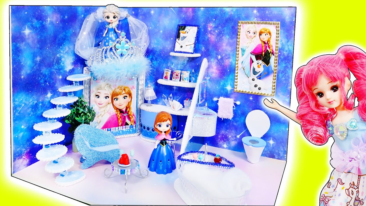 リカちゃん エルサとアナのお部屋をDIY❤️ミニチュアのドールハウスを手作り工作✨アナと雪の女王ルーム🍭おもちゃ 人形 アニメ
