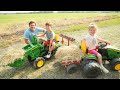 Using kids tractors to clean hay from barn and fields | Tractors for kids