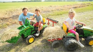 Using kids tractors to clean hay from barn and fields | Tractors for kids