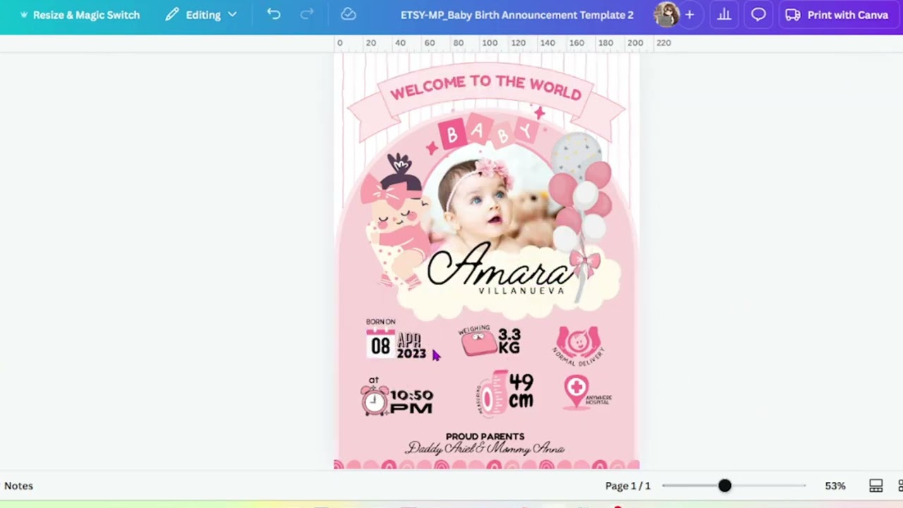 Canva Editable Template - Baby Birth Announcement