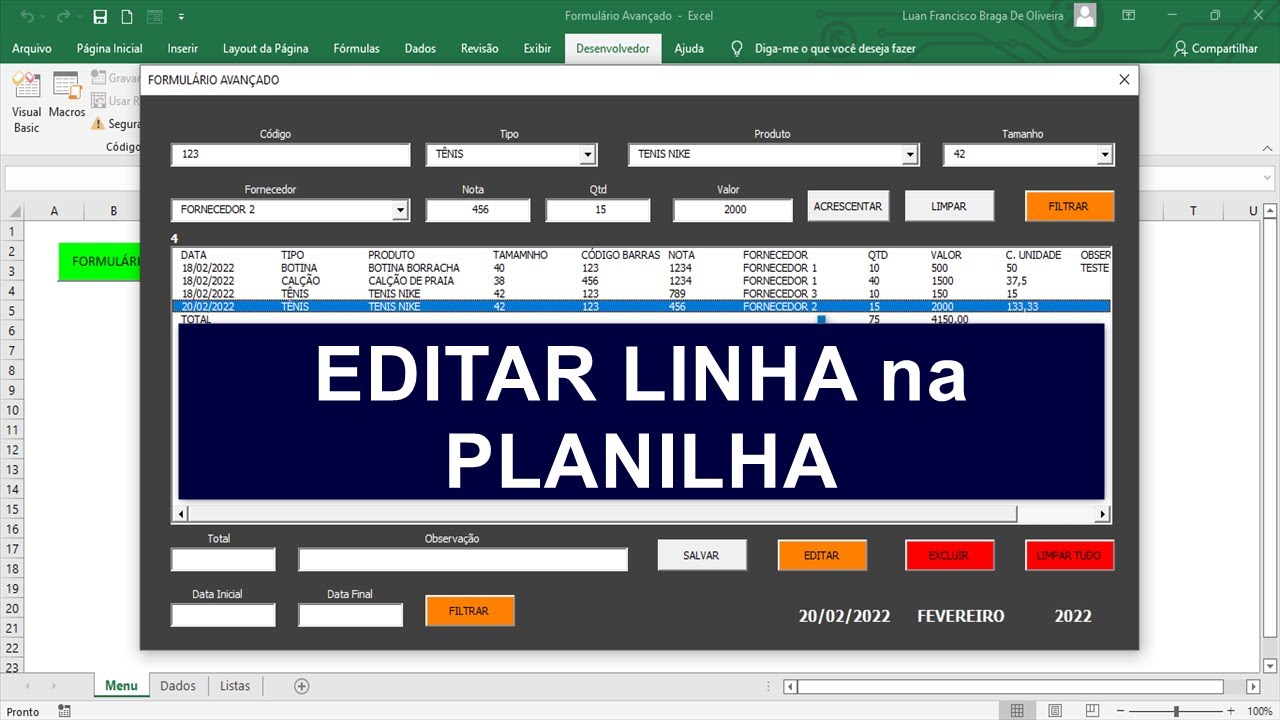 Formulário AVANÇADO no Excel - Editar Linha da Planilha com Botão VBA - Aula 15