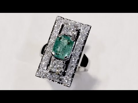 1.07 ct Emerald and 1.78 ct Diamond Dress Ring - Art Deco  Circa 1950 - AC Silver A3484