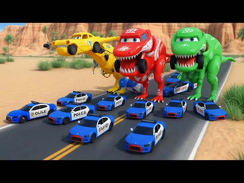 3 McQueen-Headed Dinosaurs Cause Chaos in the City – Police Cars vs. McQueen, Who Will Win?