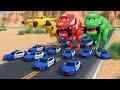 3 McQueen Headed Dinosaurs Cause Chaos In The City Police Cars Vs McQueen Who Will Win
