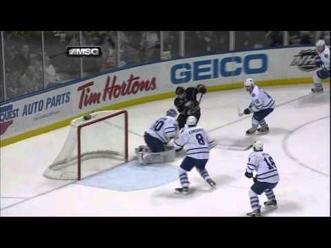 Mike Komisarek decking Marcus Foligno. Toronto Maples Leafs vs Buffalo Sabres 4/3/12 NHL Hockey