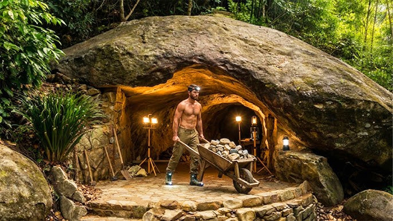 رجل عاجز عن دفع الإيجار… يبدأ ببناء ملجأ سري تحت صخرة في الغابة!