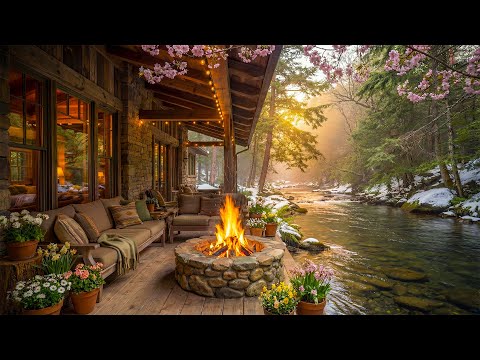 Cozy Cabin Porch by the Riverside in Forest 🔥 Fire Pit Ambience, Gentle Birdsong & Nature Sounds