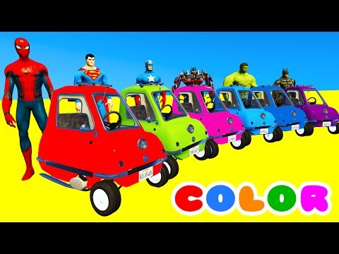 COLOR CARS & BUS in Spiderman Cartoon 3D for kids with Superheroes for babies!