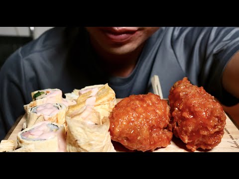 Korean Spicy Fried Chicken - Egg-Roll Kimbap | ASMR Mukbang