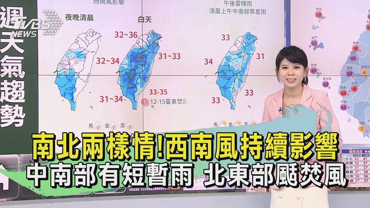 南北兩樣情!西南風持續影響 中南部有短暫雨;北東部颳焚風
