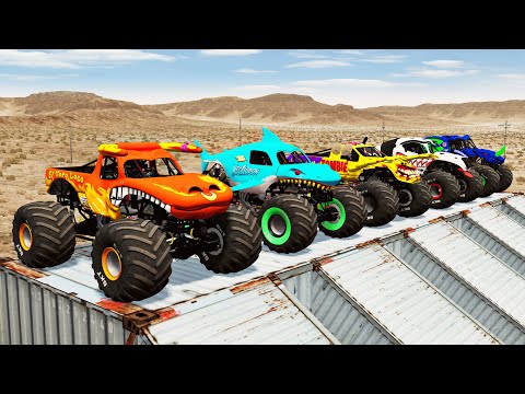 Monster Truck Double Flatbed Trailer Train with Color Slide | Beamng.drive #66