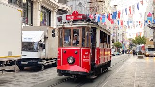 Red Retro Tram in Istanbul along street Istiklal. Istanbul nostalgic tramways.