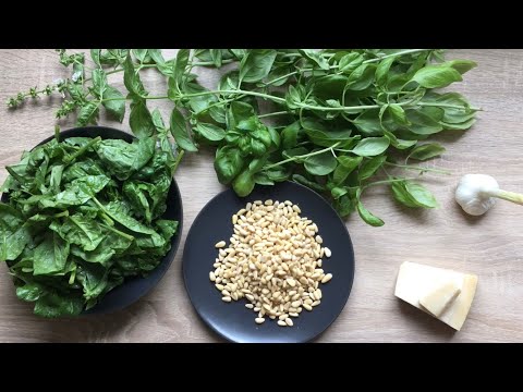 Basilikum Pesto selbstgemacht, mit Blattspinat, Pinienkernen und Parmesan