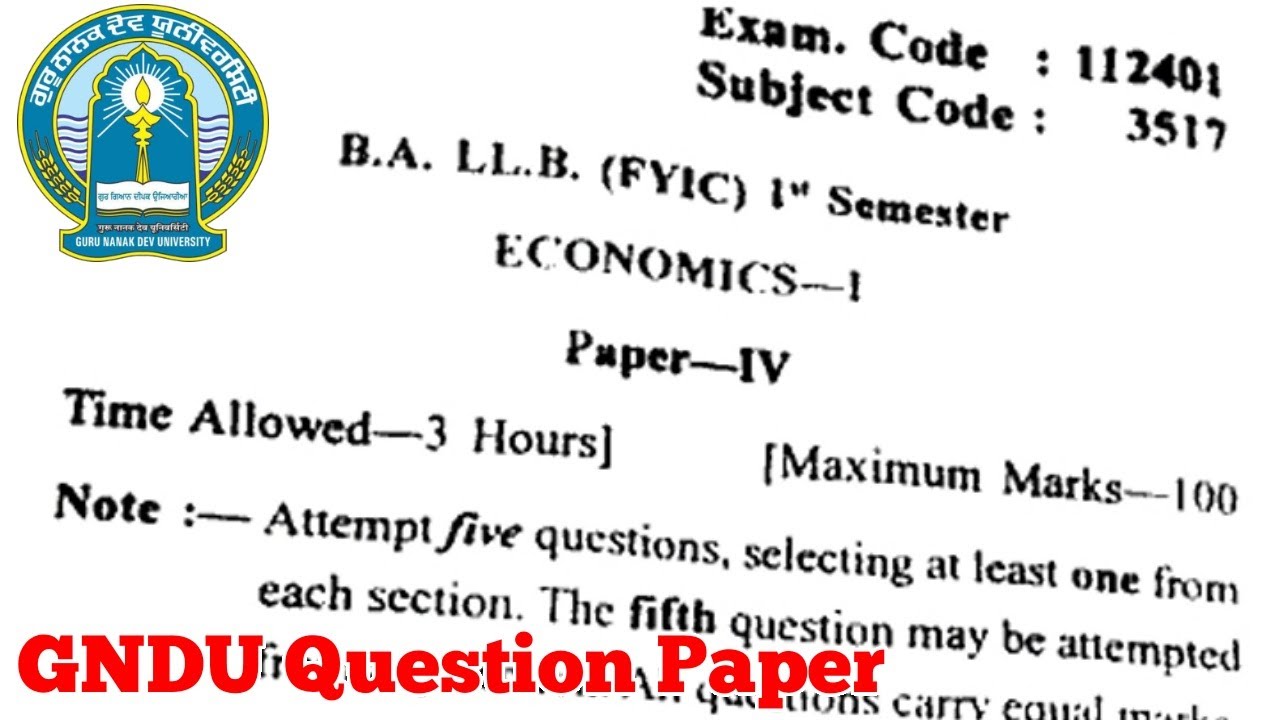 GNDU BA LLB 1st Semester Economics Question Paper || BA LLB 1st Sem Economics Question Paper 2021