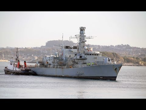 MOTHBALLED HMS IRON DUKE F234 IS TOWED FROM PORTSMOUTH TO DEVONPORT - 17th January 2019