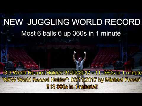 Michael Ferreri Juggling World Record Most 6 balls 6 up 360s in 1 minute (2017)
