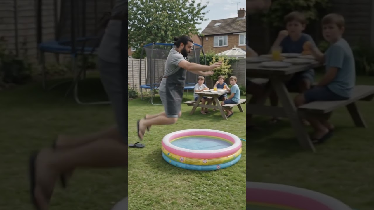 Tried One Big Trampoline Bounce to Impress the Kids. Ended Up in the Pool. 💦