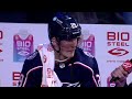 Patrik Laine speaks with Jody Shelley after the Blue Jackets win against the Sharks